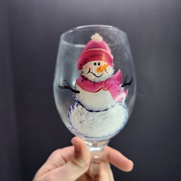 Hand Painted Pink Snowman Stemmed Wine Glass Winter Christmas 9'' Tall - Picture 2 of 5